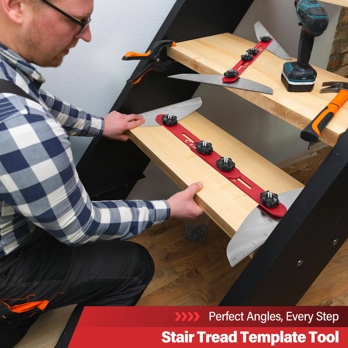 A man is using an adjustable metal stair tread template tool to measure or mark a wooden stair tread.