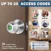 A silver smart fingerprint door lock with access codes and physical keys, shown mounted on a wooden door.