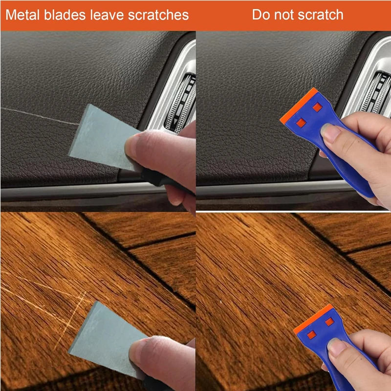 Comparison of metal blades leaving scratches versus a plastic scraper not scratching a wooden surface.