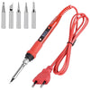 An adjustable digital soldering iron with a red handle and coiled wire, shown next to various tips.