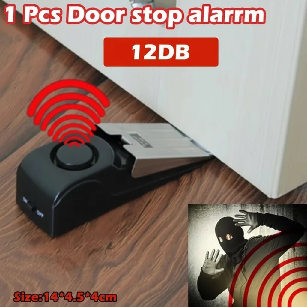 A black mini wireless door stop alarm device is shown next to a door frame, with a graphic indicating a signal.
