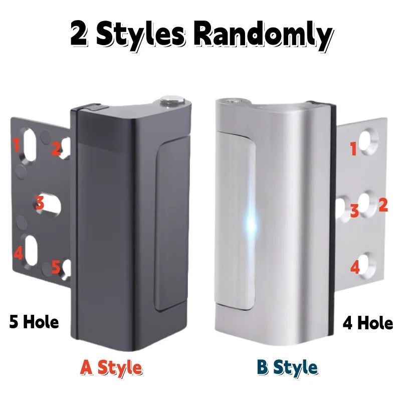 Dos estilos de cerraduras de refuerzo de aluminio pesado, estilo A con cinco orificios y estilo B con cuatro.