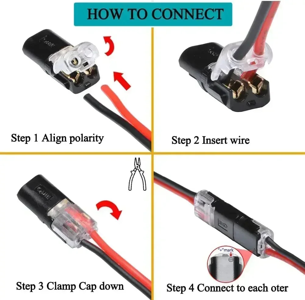 Diagram showing four steps to connect a pluggable wire connector using crimp terminals