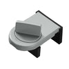 A gray aluminum sliding window safety lock with a rectangular handle and mounting bracket.