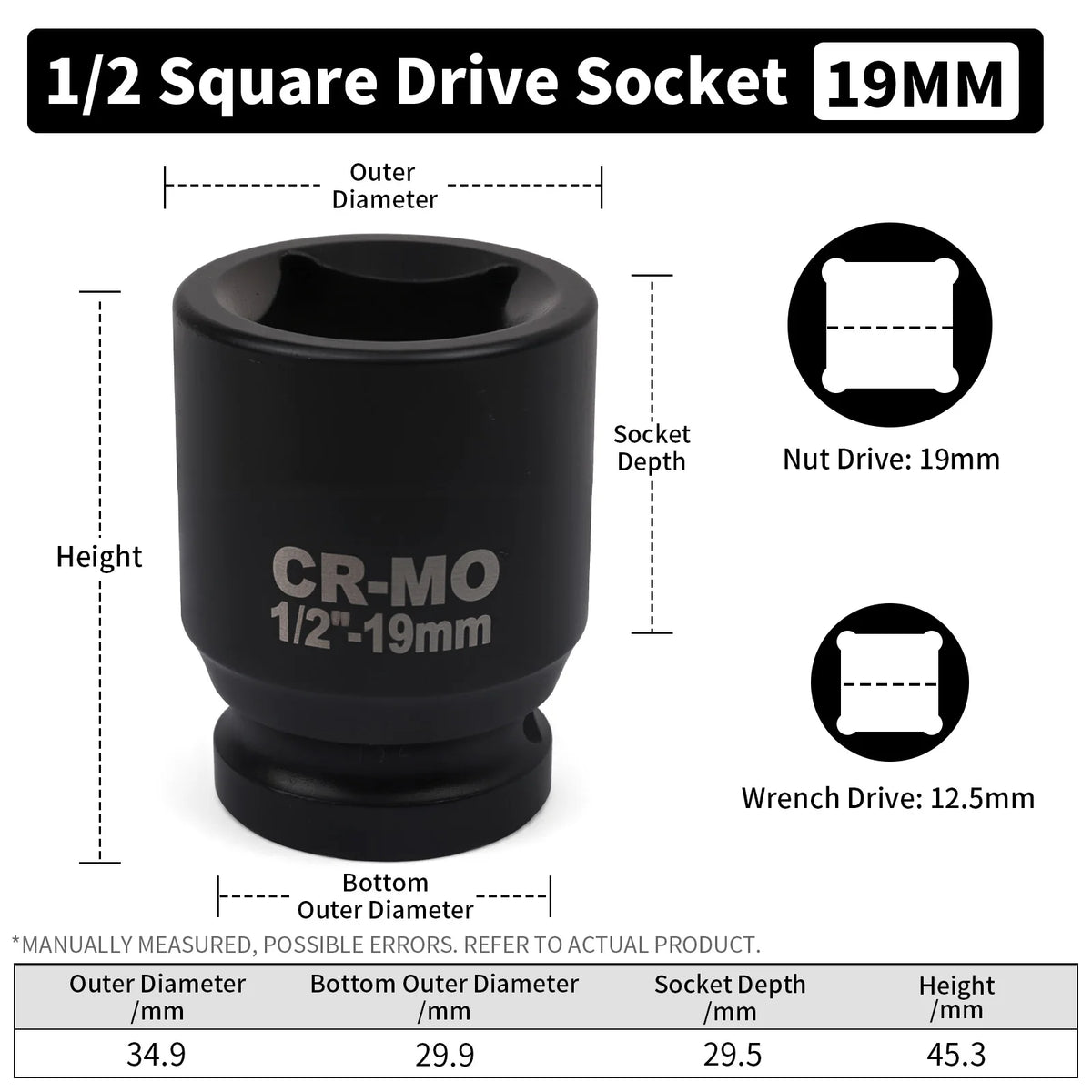 A black 1/2 square drive socket with a 19mm drive size and various dimensions shown.