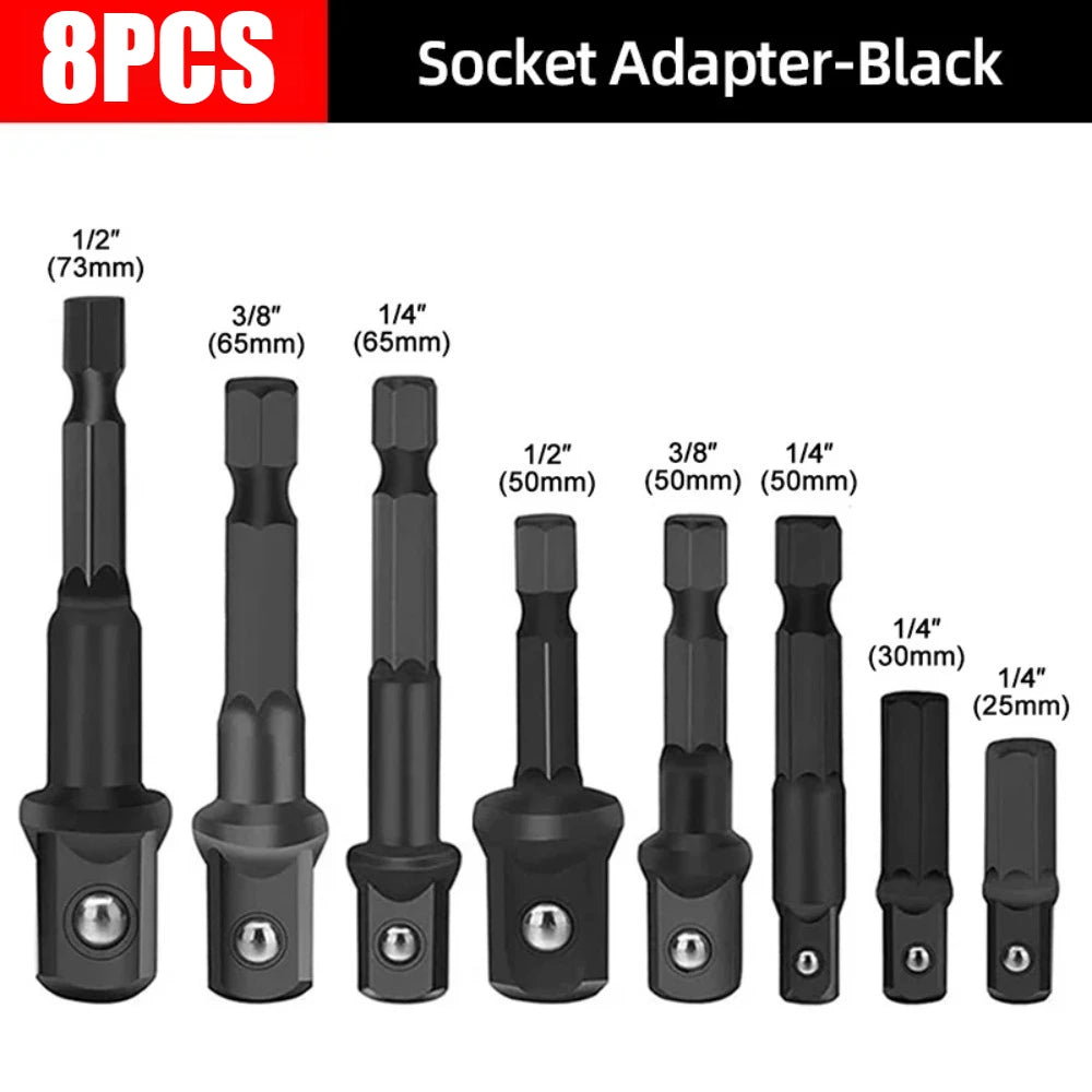 Eight black precision socket adapter tools of various sizes including 1/2 inch, 3/8 inch, and 1/4 inch.