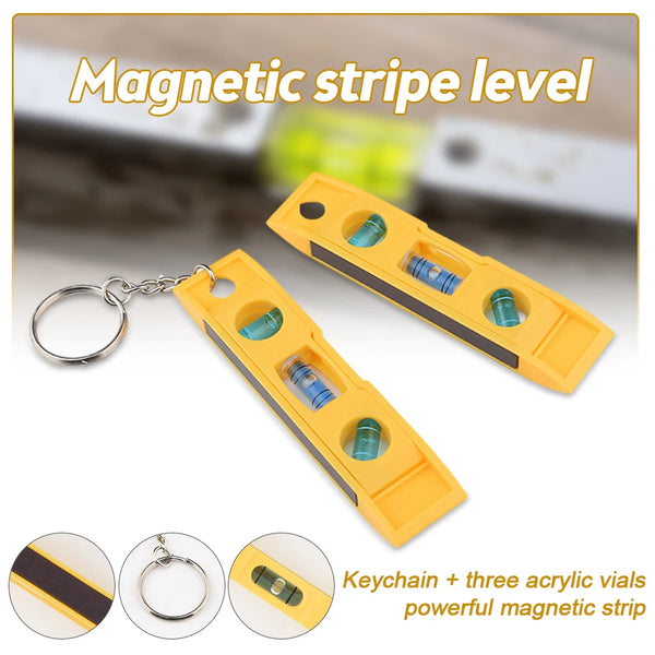 Yellow magnetic stripe level with a keychain and three acrylic vials for precision measurement