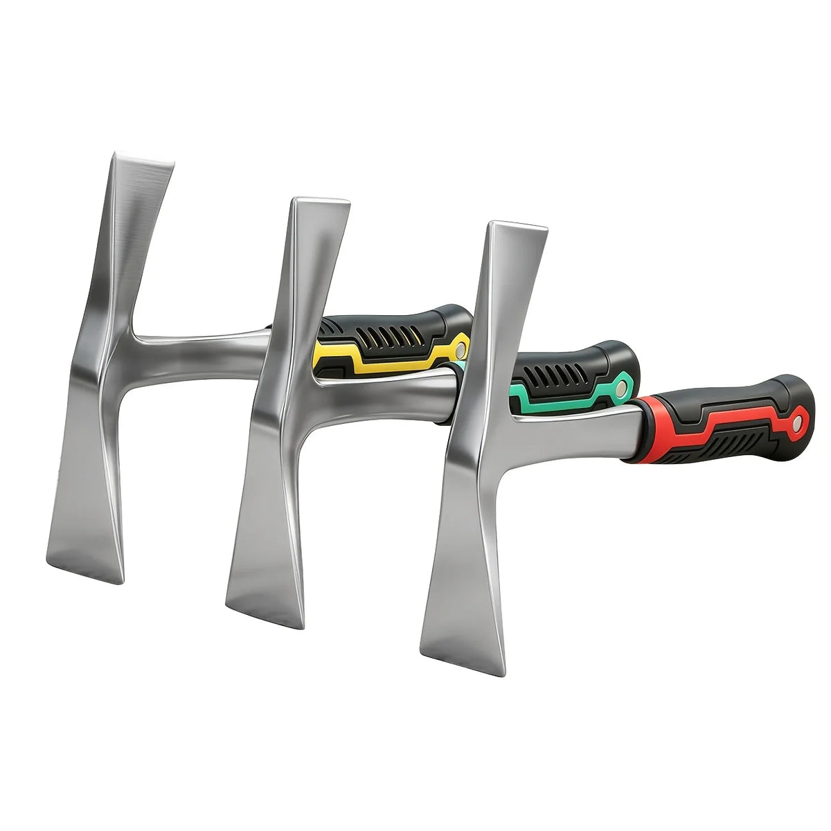 A silver multifunctional pickaxe with a black handle and yellow grip is shown.