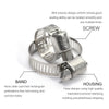 Stainless steel hose clips and pipe clamps showing various components like the band, screw, and housing.