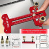 A red precision thin rip jig for table saw routers showing various sizes and fit options.