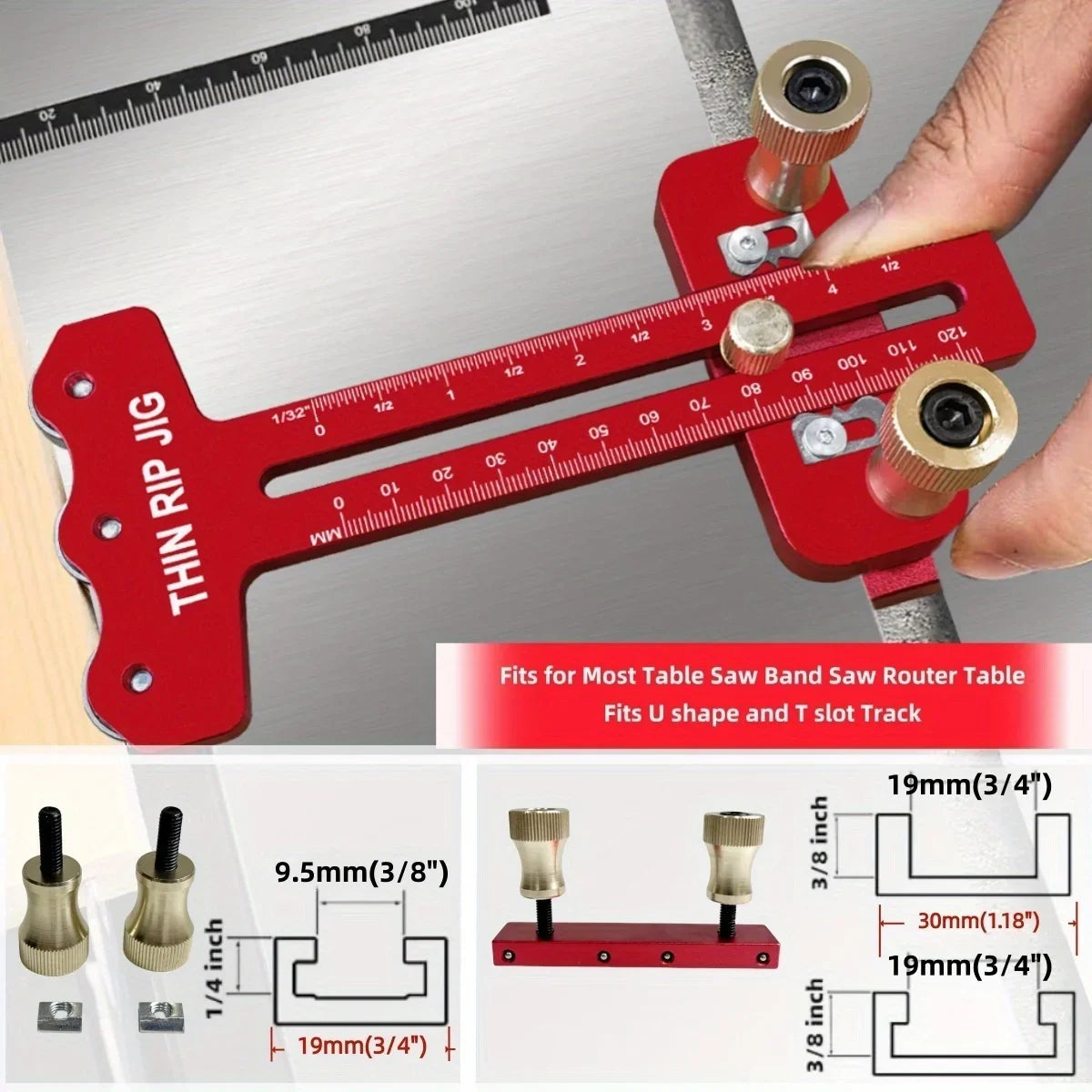 A red precision thin rip jig for table saw routers showing various sizes and fit options.