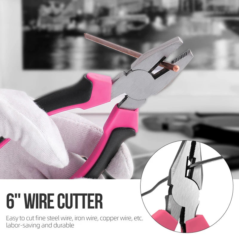 A hand wearing a white glove holds a silver wire cutter with pink handles, demonstrating its use for cutting various wires.