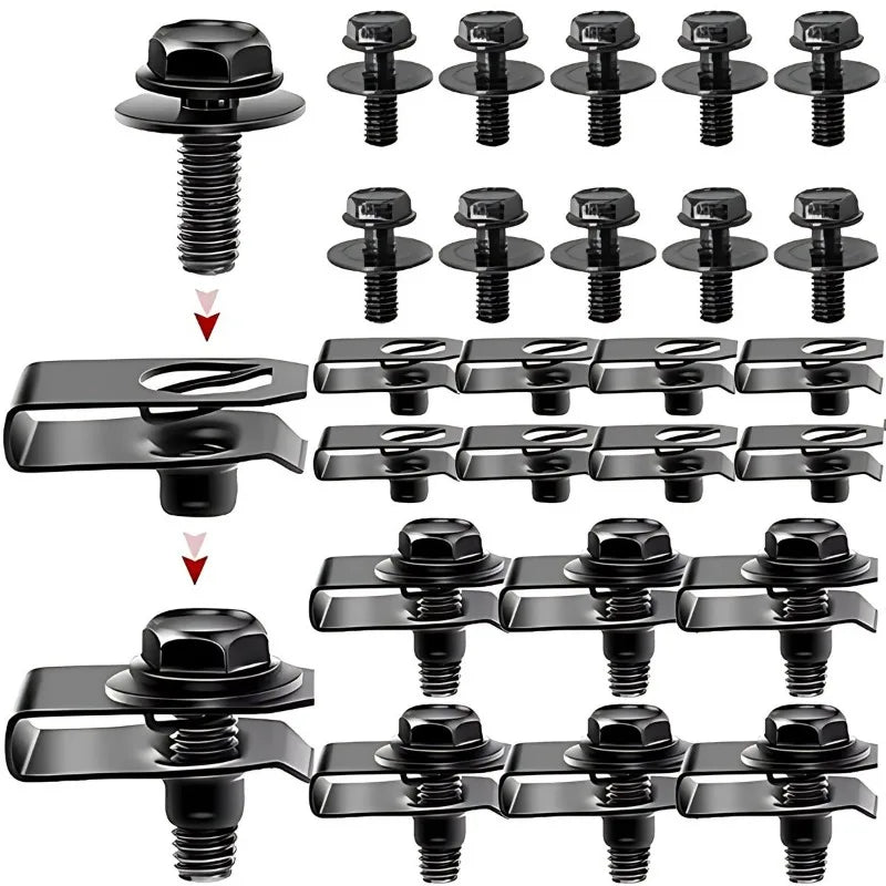 Set of black U-type body bolts and clips for auto fastening