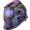A dark purple and black auto darkening welding helmet with a futuristic design and a digital display.