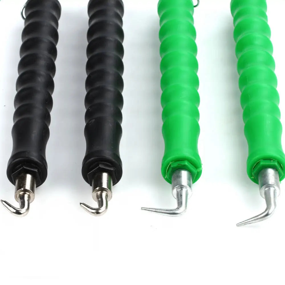 Three automatic rebar tie wire twister tools in black and green, showing the coiled wire and gripping end.