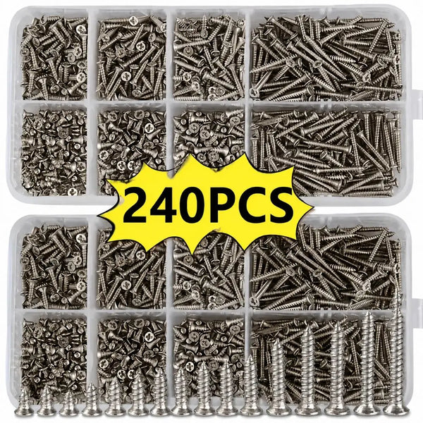 A set of 240 self-tapping wood screws packaged in clear plastic compartments.