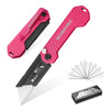 A pink folding utility knife is shown alongside its packaging and a disassembled blade.