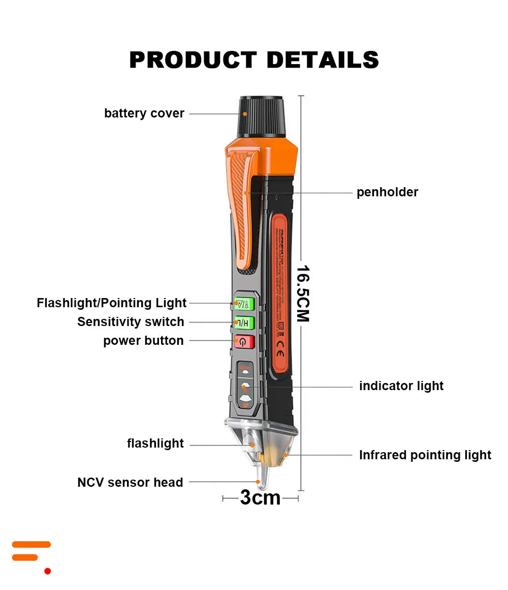 Tester no conductor naranja y negro con linterna, luz indicadora e infrarrojo