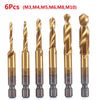 A set of six hexagonal shank titanium coated tap and drill bits in gold color.