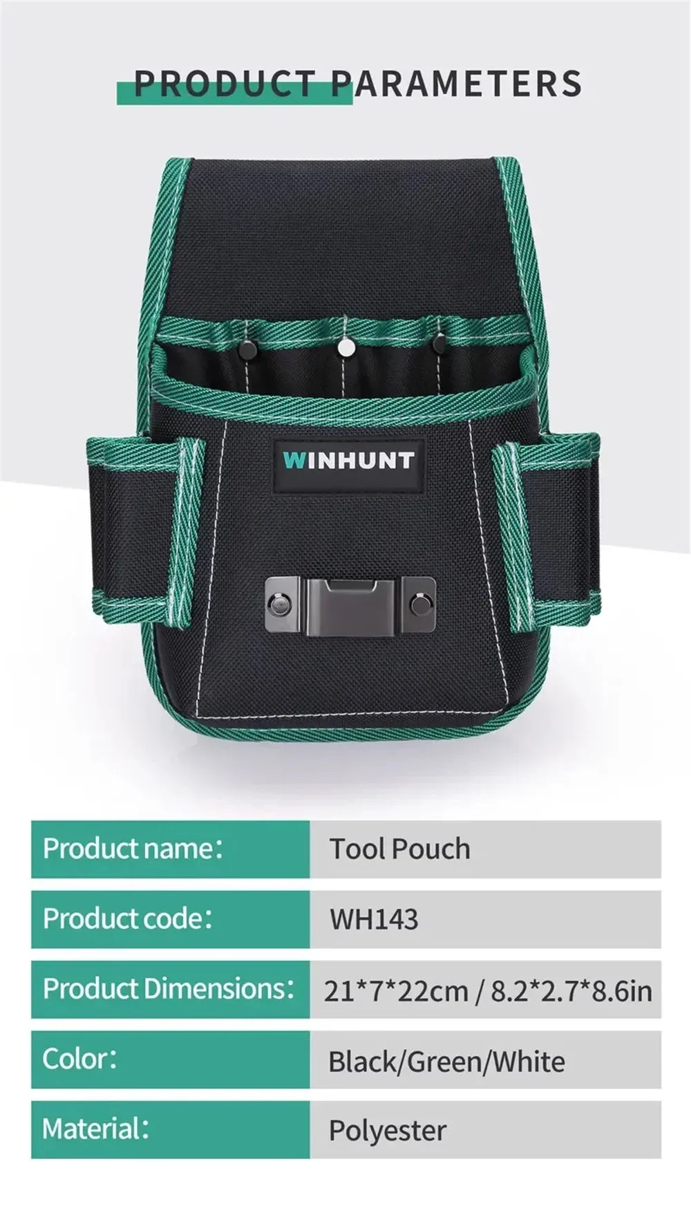 A black tool pouch with green trim and white accents, made of polyester.