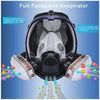 A full facepiece respirator is shown demonstrating protection against toxic substances and chemical particles.