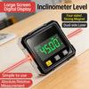 A digital inclinometer level with a large screen and four-sided strong magnet placed on a wooden surface.