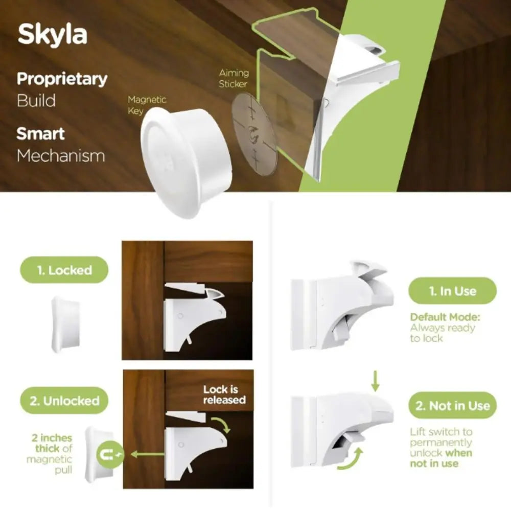 White Skyla proprietary build magnetic key child safety lock mechanism shown in use and unlocked states