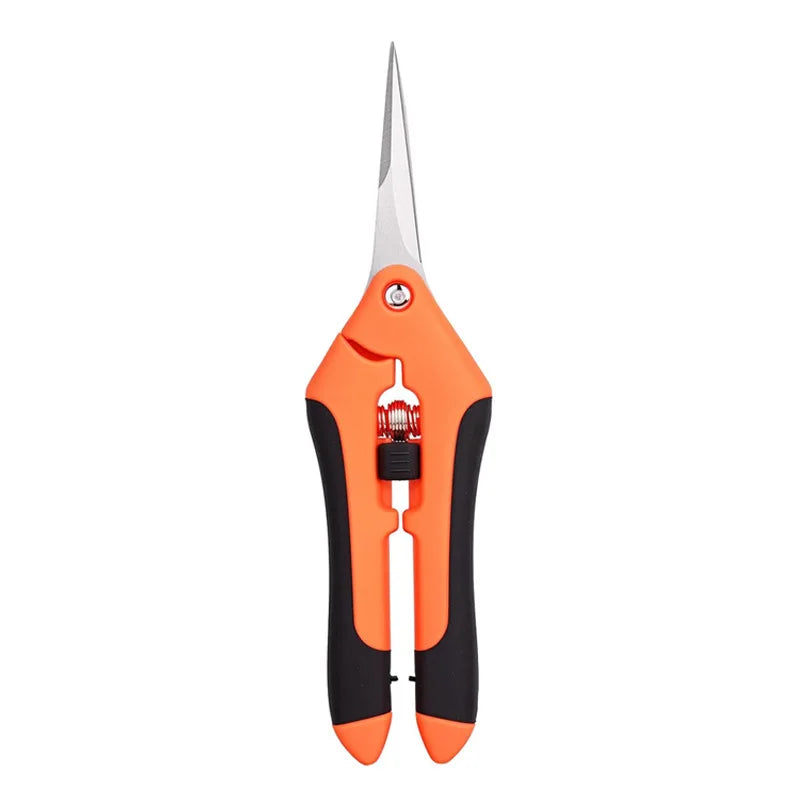 A pair of orange and black stainless steel pruning shears or gardening tool set.