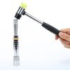 A hand holds a professional ring stretcher and expander tool with a silver body and yellow tip.