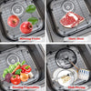 Stainless steel grid showing fruits, meat, vegetables, and dishes being rinsed or dried.