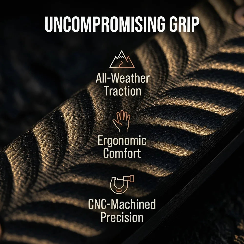 Close-up of a black knife blade with textured grip showing features like all-weather traction, ergonomic comfort, and CNC-mac