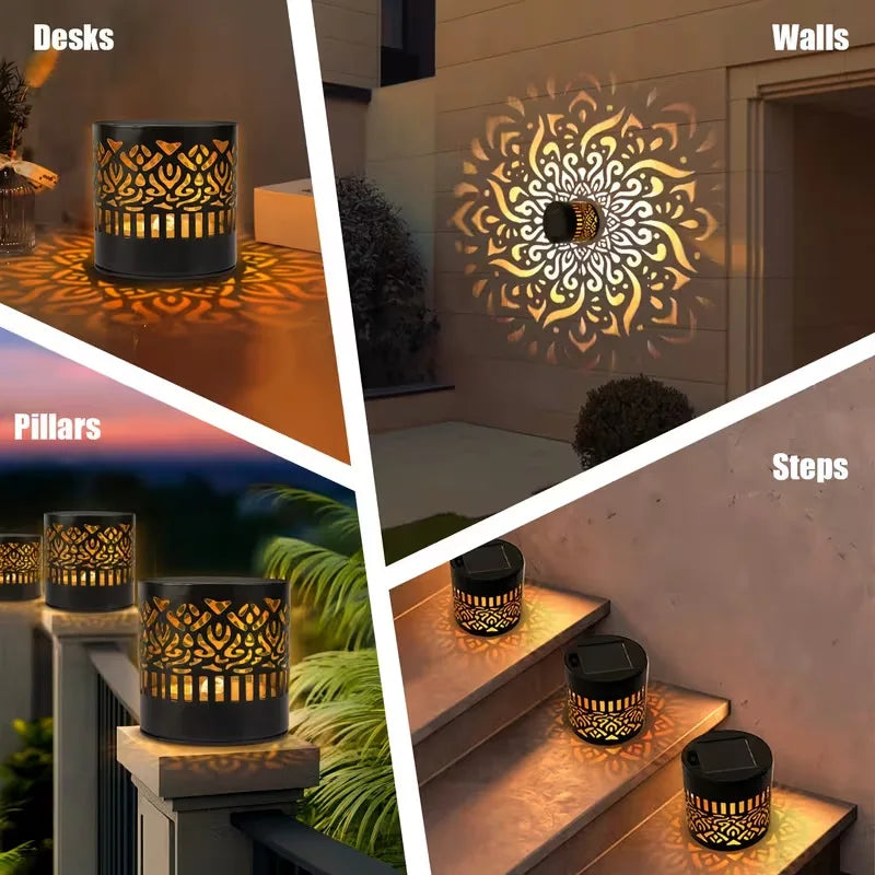 Verschiedene Installationen einer Solarmandala Außenwandleuchte mit filigranen goldenen Mustern auf Tischen, Wänden und Säule