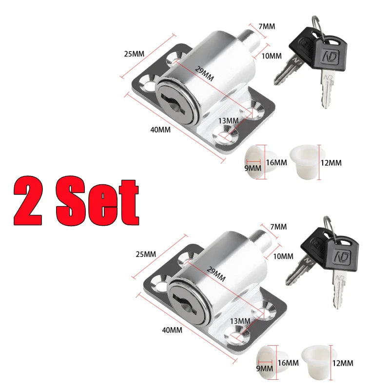 A set of two sliding door window locks with corresponding keys and mounting plates for child safety.