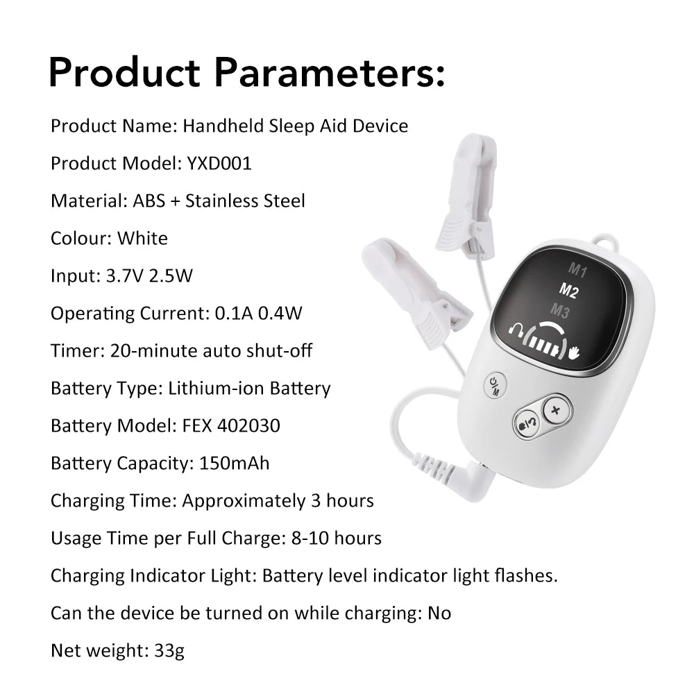 Dispositivo portátil para dormir blanco con cable de carga e información del modelo.