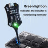 A green light on an induction detector tool is shown pointing at a mobile phone motherboard component.