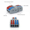 A set of plastic electrical push-in connectors with color handles and inlet holes, shown in various colors like red, blue, an