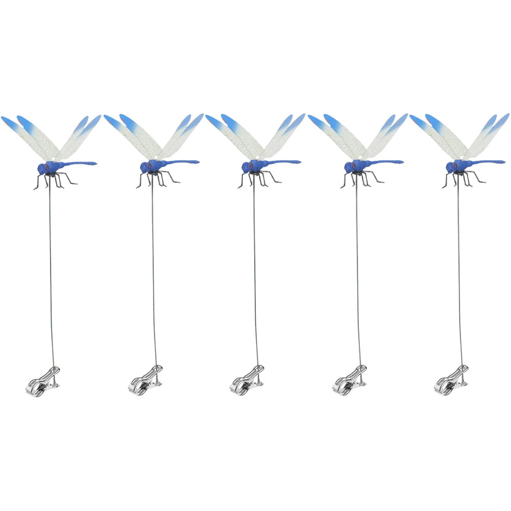 A set of realistic dragonfly clips for garden decor, featuring blue and white wings.
