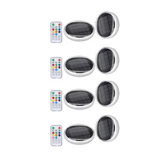Four circular solar floating pool lights with remote controls shown in various orientations.