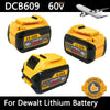 Yellow and black lithium-ion batteries for DeWalt power tools with a charger and an airplane graphic.