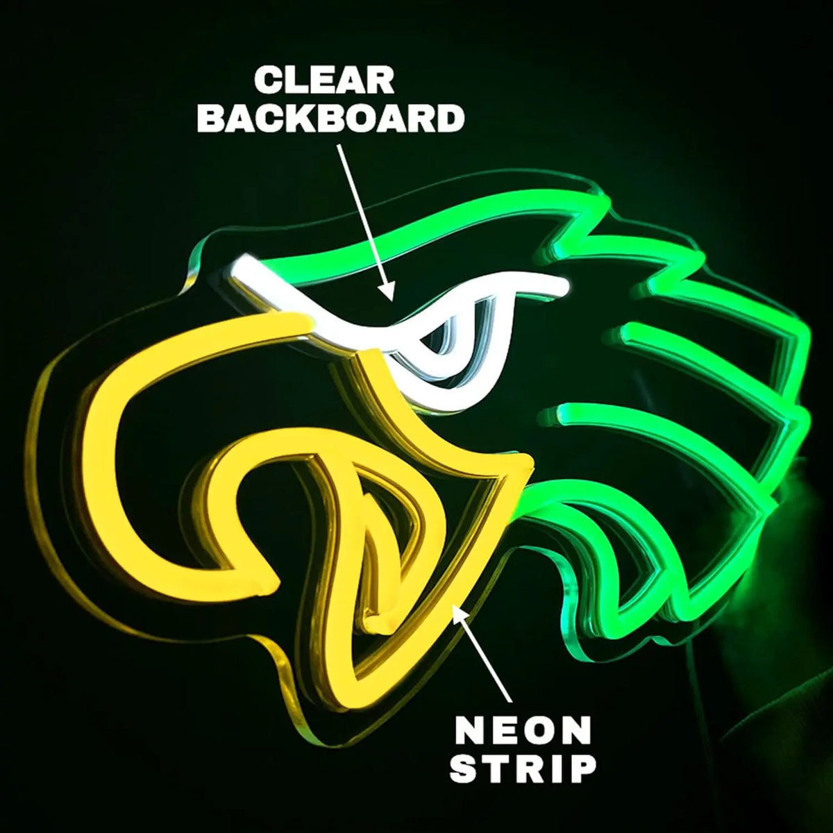 A close-up of a yellow and green lion head neon sign with a clear backboard and neon strip.