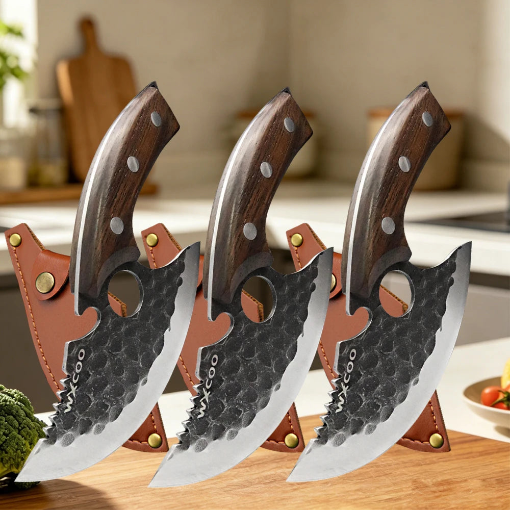A set of forged stainless steel boning knives with bottle openers displayed on a wooden surface.
