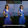 A woman models a blue dress while holding a light kit demonstrating adjustable temperature from 2700K to 6500K.