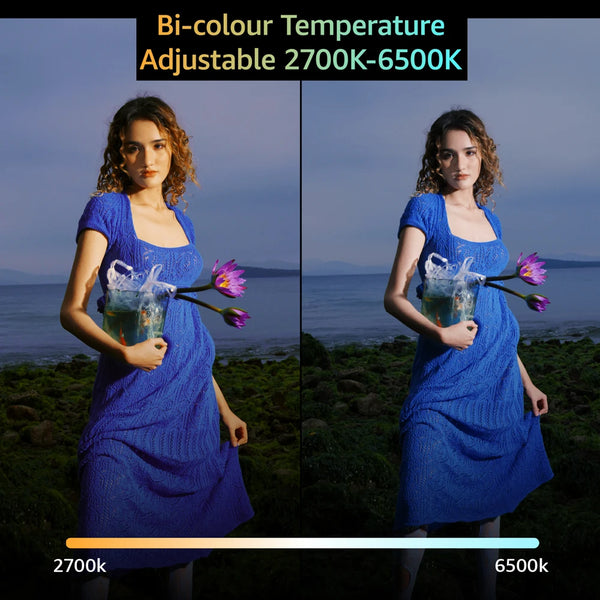 A woman models a blue dress while holding a light kit demonstrating adjustable temperature from 2700K to 6500K.