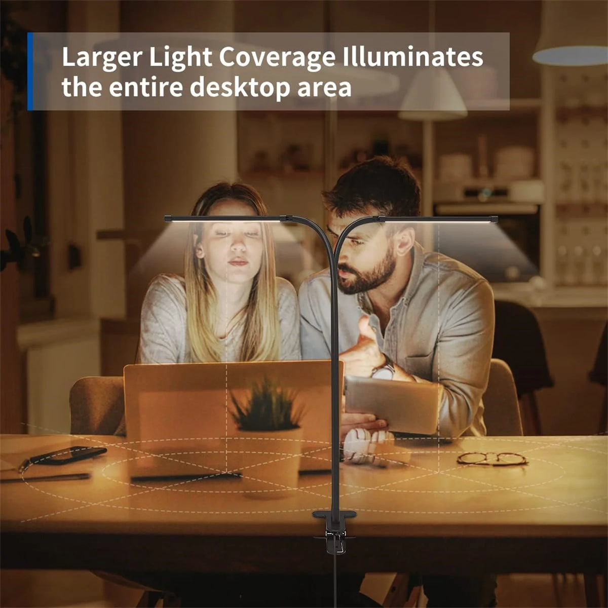 A woman and a man are working at a desk illuminated by an RGB auto-dimming LED monitor light bar.