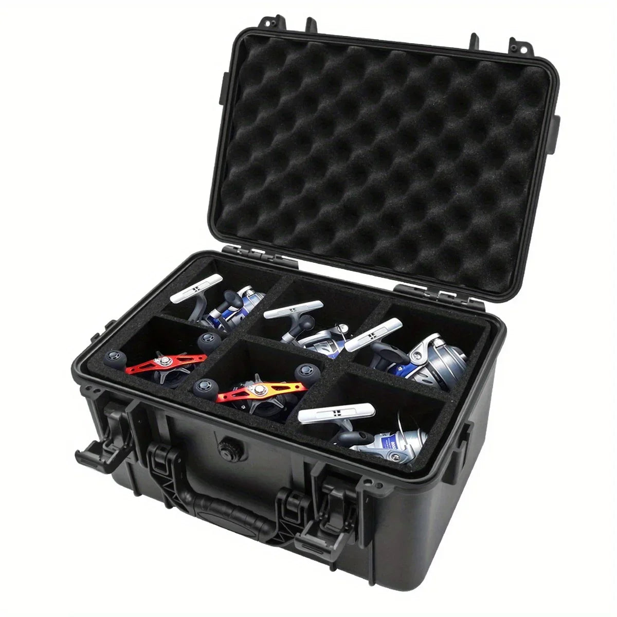 Boîte à outils portable noire avec insert de protection, montrant divers outils à l'intérieur.