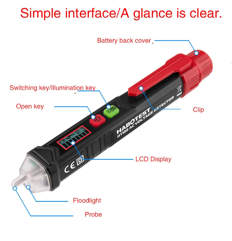 A red and black non-contact AC voltage detector tool with various components labeled.