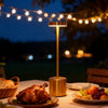 A brass desk lamp illuminates a roasted chicken on a plate outdoors under string lights.