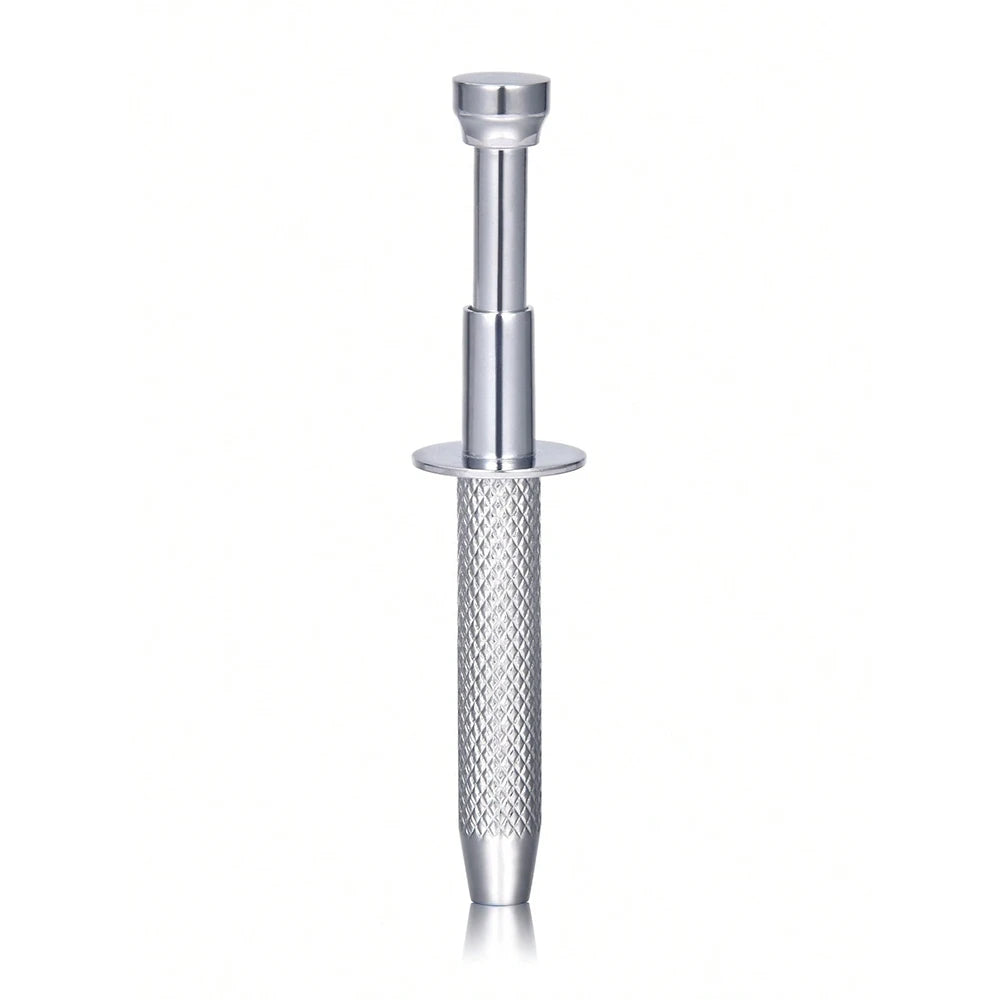 Stainless steel piercing ball grabber tool with a silver handle and textured grip