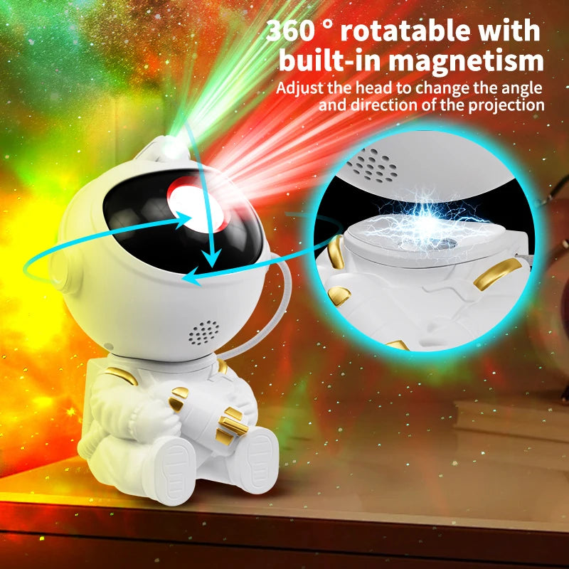 A white astronaut-shaped projector with built-in magnetism, demonstrating a 360 degree rotatable light projection.