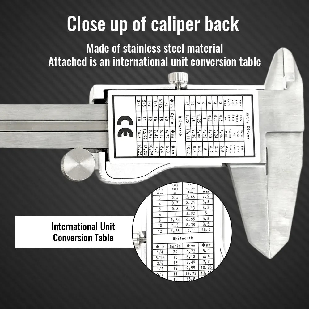 Close up of the back of a digital vernier caliper showing an international unit conversion table.